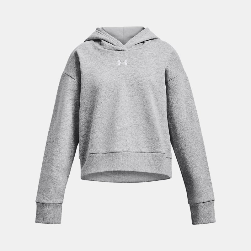 Girls' Under Armour Rival Fleece Crop Hoodie Mod Gray Light Heather / White YLG (59 - 63 in)